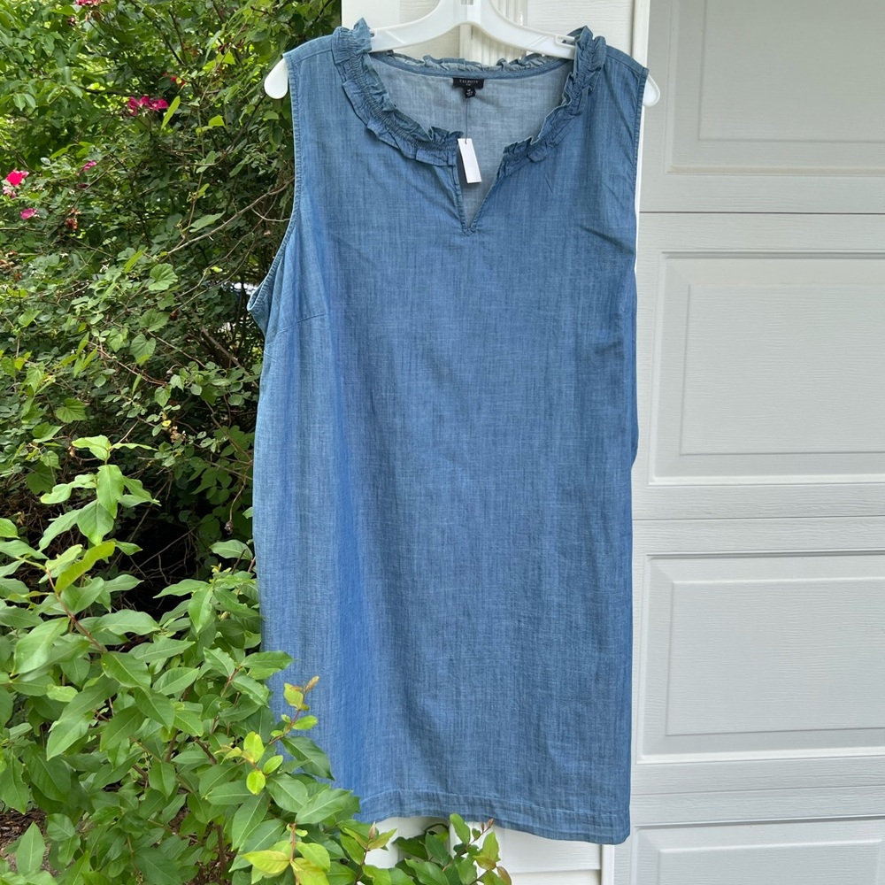 NWT Talbots Cool Cotton Lightweight Denim Ruffle Split Neck Sleeveless Dress